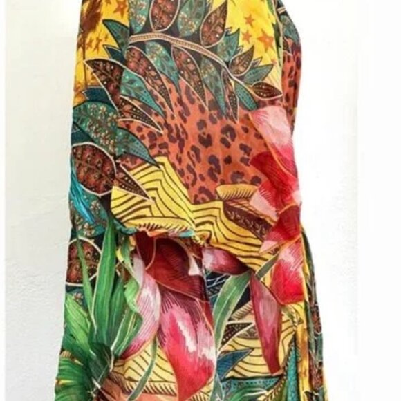 Farm Rio Tropical Dreams Caftan Maxi Dress Yellow Multi Jungle Cheetah Print - Picture 7 of 9